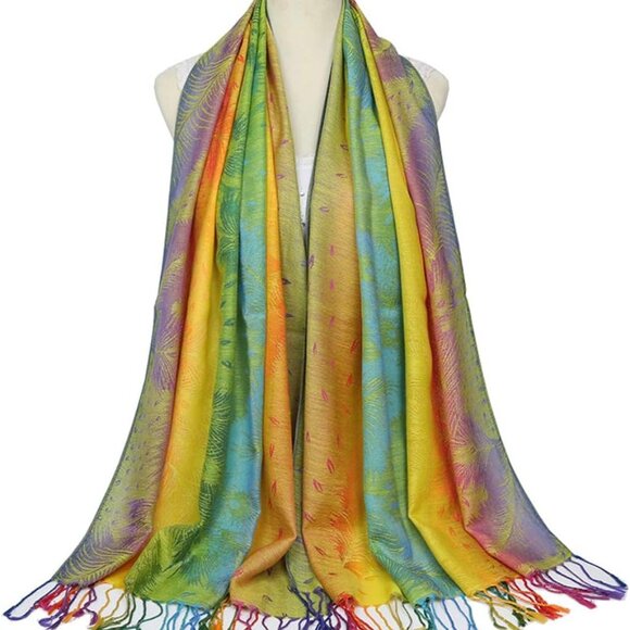 Colorful flowers Jacquard cotton pashmina Women Wrap Shawl tassels Scarves - Picture 5 of 7
